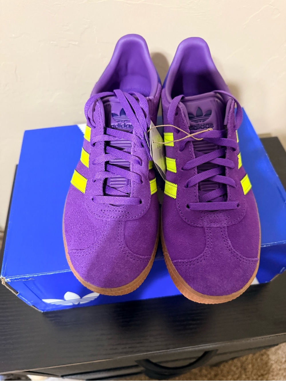 adidas Women's Purple Suede Gazelle Sneakers with Neon Yellow Stripes